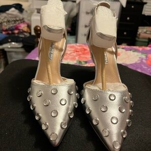 Silver heels with rhinestones